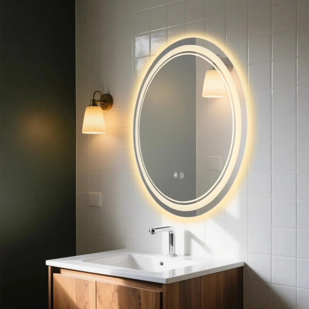 Specchio LED Asimmetrico 90x60 Cm Per Bagno, 3 Colori Luce Dimmerabile, Antiappannamento