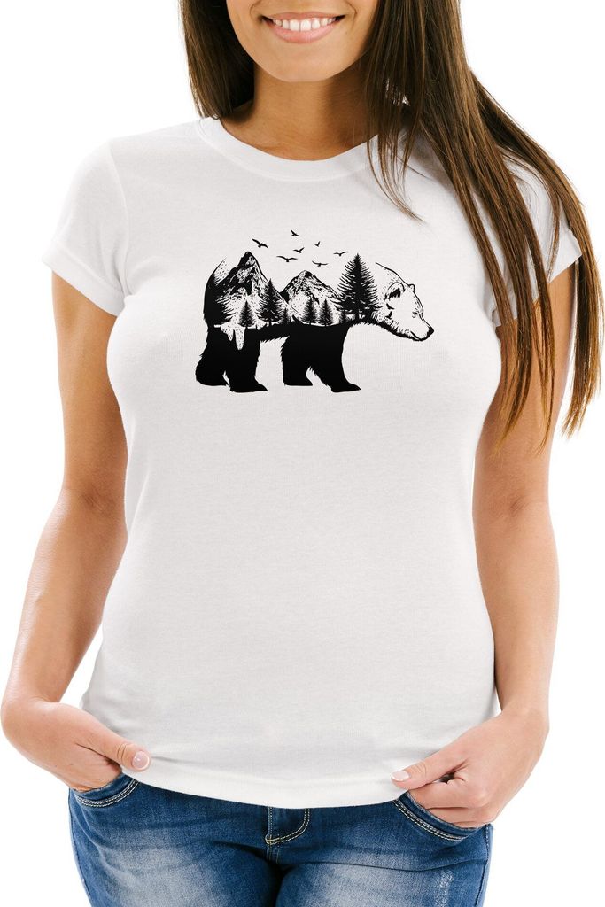 Damen T-Shirt Bär Kunst Grafik Printshirt Tiermotiv Adventure Fashion Streetstyle Slim Fit Neverless weiß XS