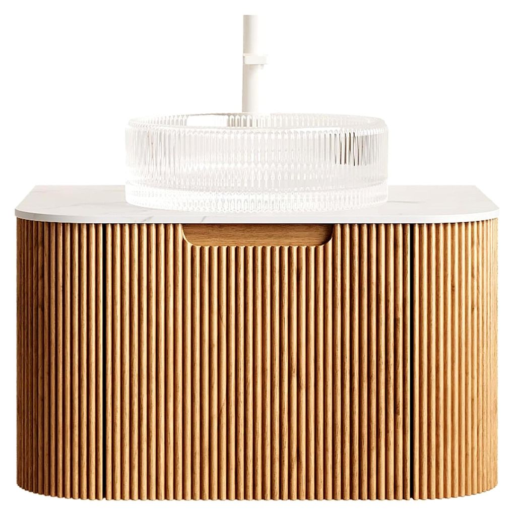 Hängender Badezimmer-Waschtisch 61 cm mit Kristallglas-Spüle, Carrara Sintersteinplatte, gebogene Front mit Schublade, vormontiert, Holzmaserung
