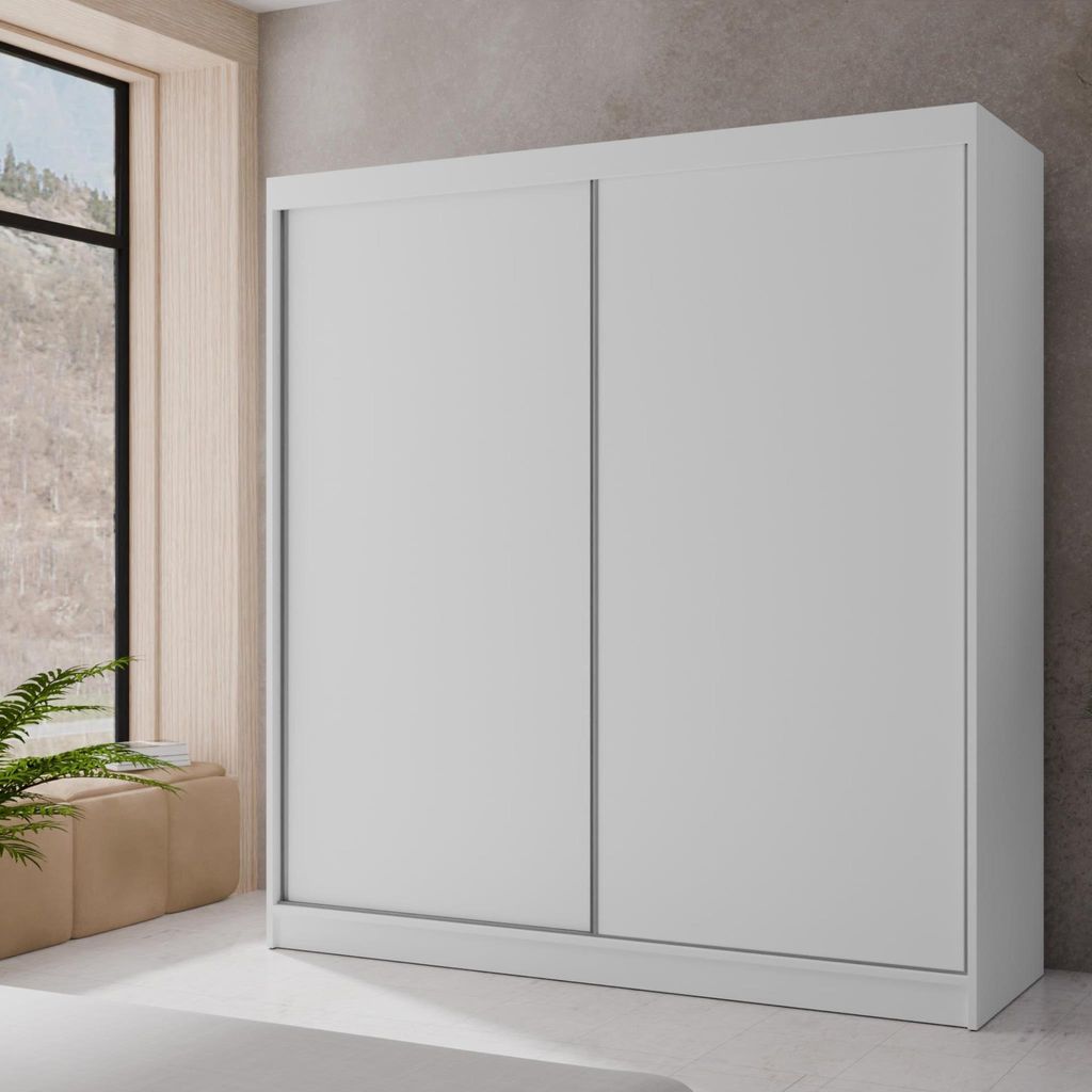 Kleiderschrank mit Schiebetüren Bergamo modernes Schiebetürenschrank mit Regale und Kleiderstange stilvoll Garderobenschrank mit LED, Farbe: Wei...