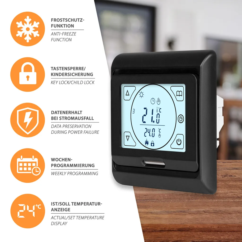 Thermostat programmable noir E91 avec écran LCD et capteur de précision - 2