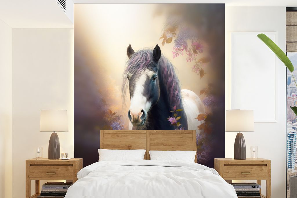 MuchoWow Fototapete für Wohnzimmer oder Schlafzimmer Wandtapete Vinyl Motivtapete Pferd - Natur - Tiere - Blumen - Lila - 195x260 cm - Wandbild