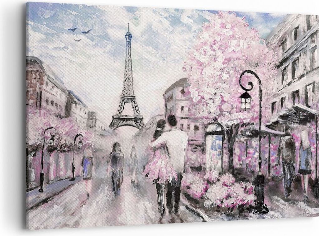 Bild auf Leinwand - Leinwandbild - Paris Weg Illustration eiffle - 120x80cm - Wand Bild - Wanddeko - Leinwanddruck - Bilder - Kunstdruck - Wanddeko...