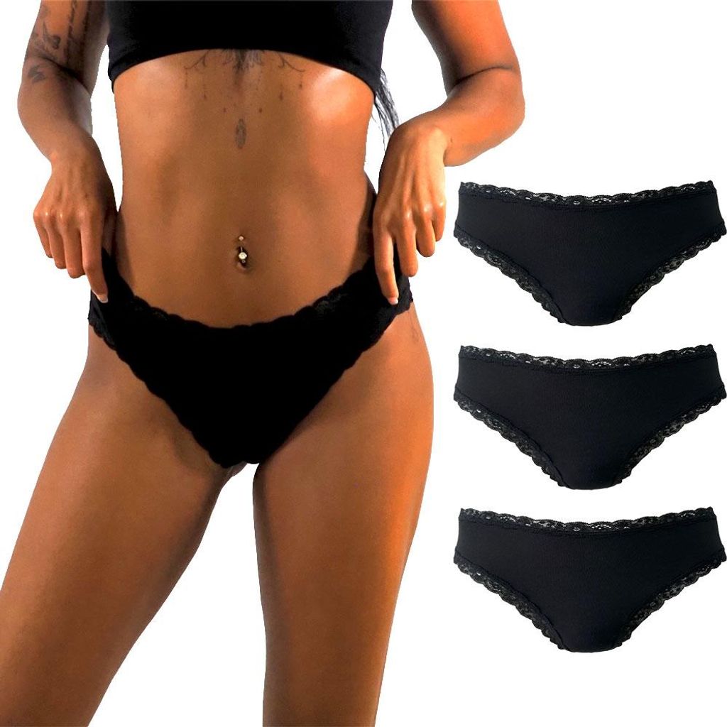Benonetti Brazilian Damen Slips mit zarter Spitze – sinnlich, weich & bequem (3er Set, Schwarz, S)