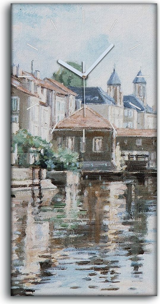 Wandbild Leinwand Bilder mit Uhr Quarz 30x60 Stadt Fluss Baum Wasser Frankreich - weiße Hände