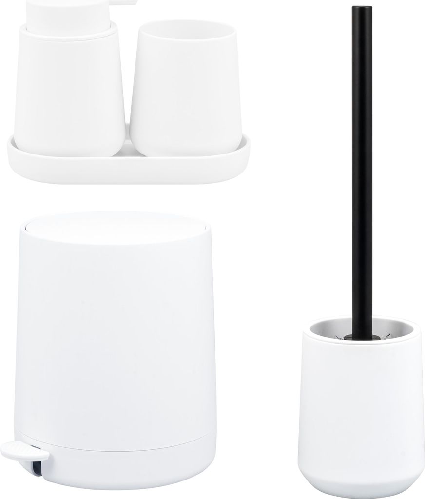 eluno Bad-Set TESERO 5tlg. mit Seifenspender, Becher, Schale, Kosmetikeimer und WC-Garnitur aus Kunststoff in Weiß