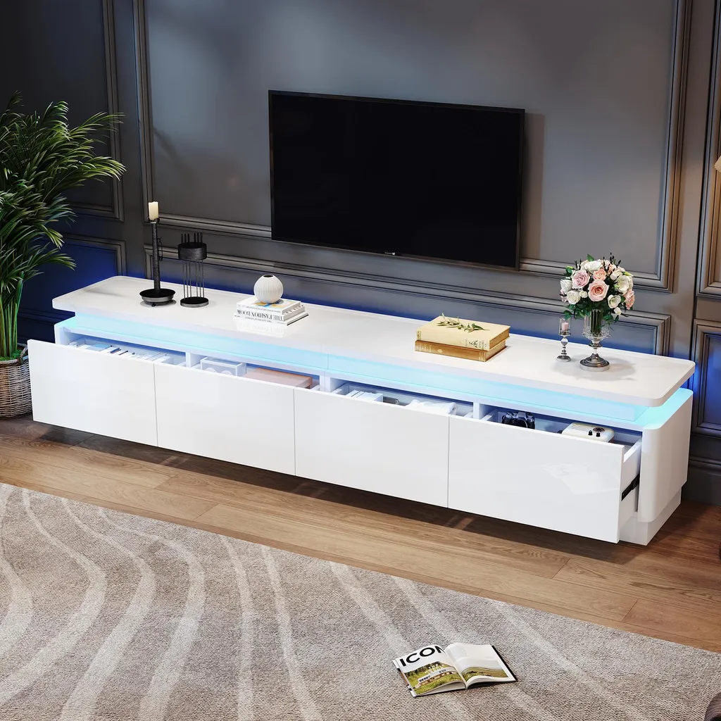 Meuble TV Lowboard 180cm Blanc Laqué avec Éclairage LED Ambiance
