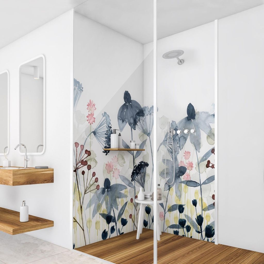 Duschrückwand Blumen selbstklebend - 0.61 mm Wandpaneel wasserfest Design weiss Aquarell Landhaus Badrückwand fugenlos Premium matt 110x210 cm