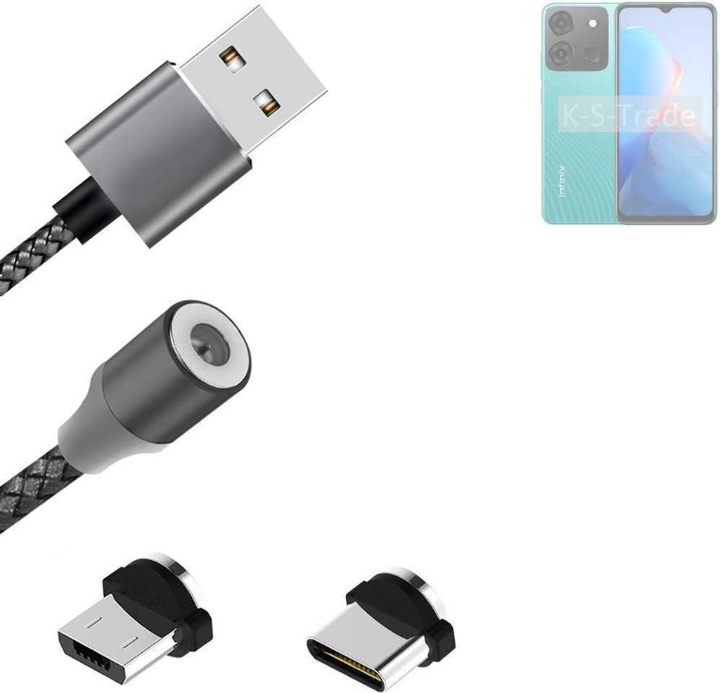 K-S-Trade Hochwertiges Magnet-Lade-kabel Sync-Kabel Daten-Kabel für Infinix Smart 7 Plus mit USB-Typ-C-Anschluss und Micro-USB-Anschluss 2A bis zu