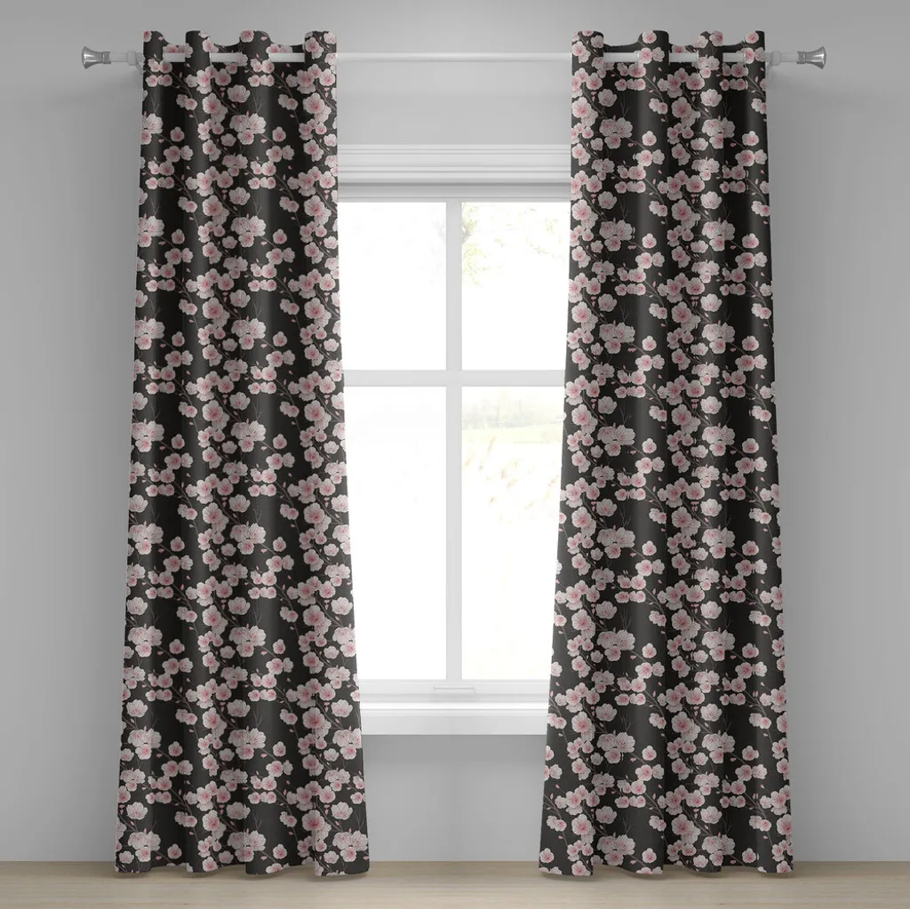 Paire de rideaux motif naturel fleurs japonaises Brun Foncé et Blanc