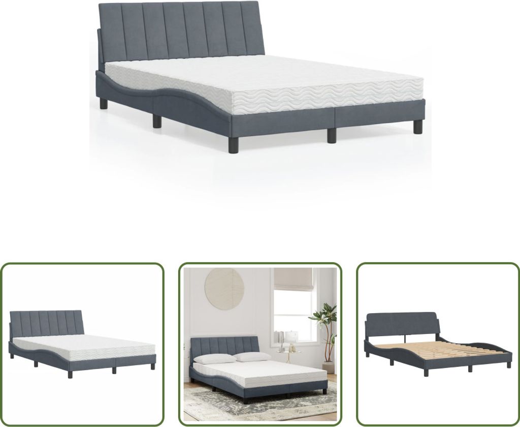 The Living Store Bett mit Matratze Dunkelgrau 140x200 cm Samt