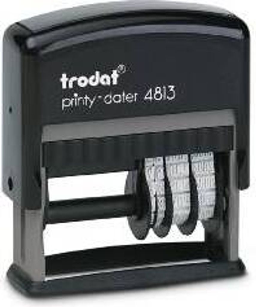 Trodat Datum-PRINTY 4813, Text max. 26X9 mm, Gehäuse schwarz, individuelle Stempelplatte mit Ihrem Wunschtext, Stempelkissen schwarz