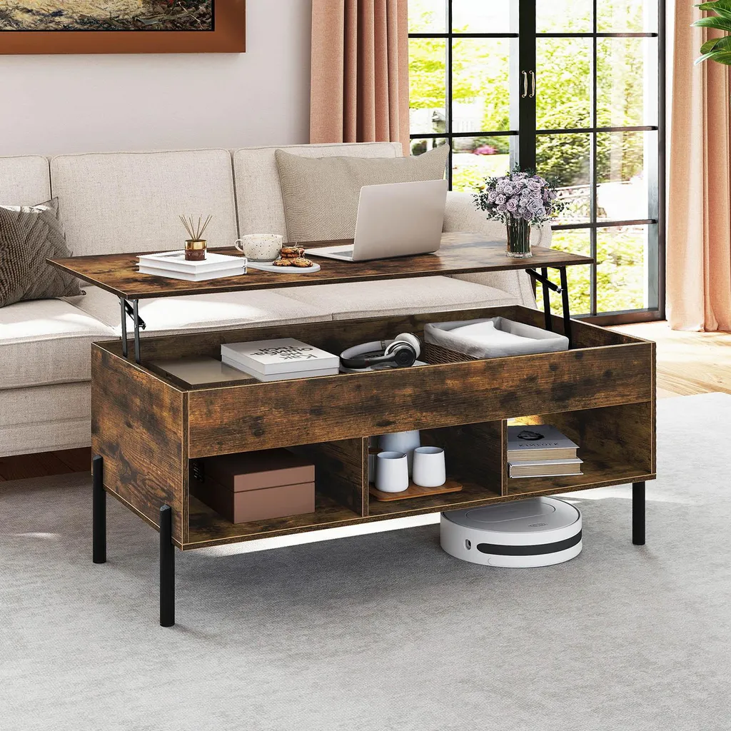 Table basse à plateau relevable et 3 compartiments de rangement bois - 8