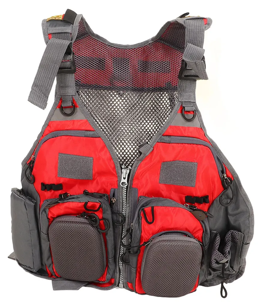 Gilet de pêche à la mouche rouge taille unique multi-poches léger