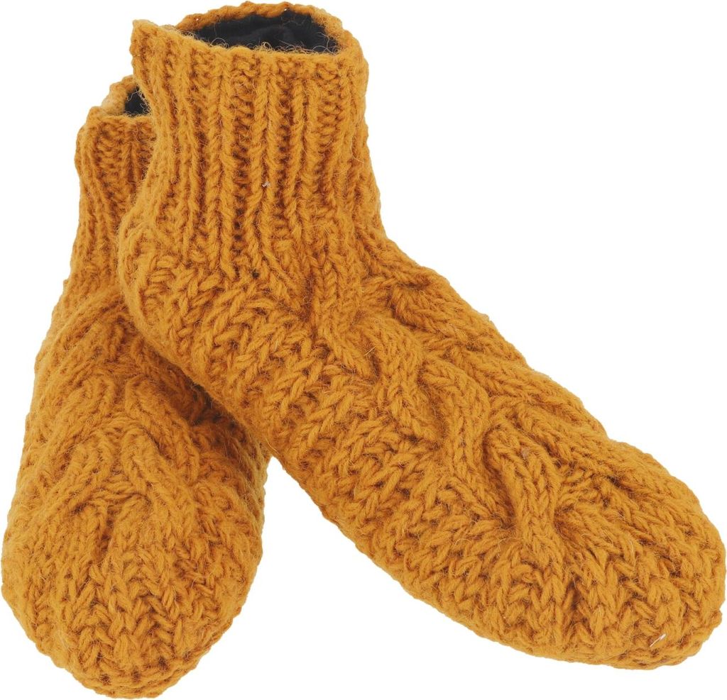 Wollhausschuhe, Handgestrickte Hüttenschuhe, Gestrickte Hausschuhe in 2 Größen - Mustard, Uni - Erwachsene, Gelb, Wolle, Größe: 38-40