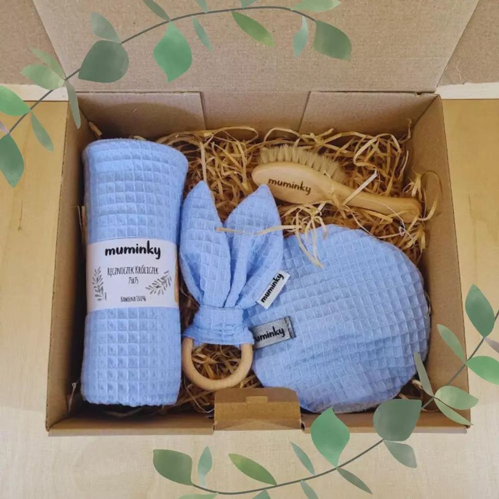 Muminky | Geschenkset für Neugeborene - 100x100 cm - Blau - Natürliche Materialien - Praktisch und stilvoll