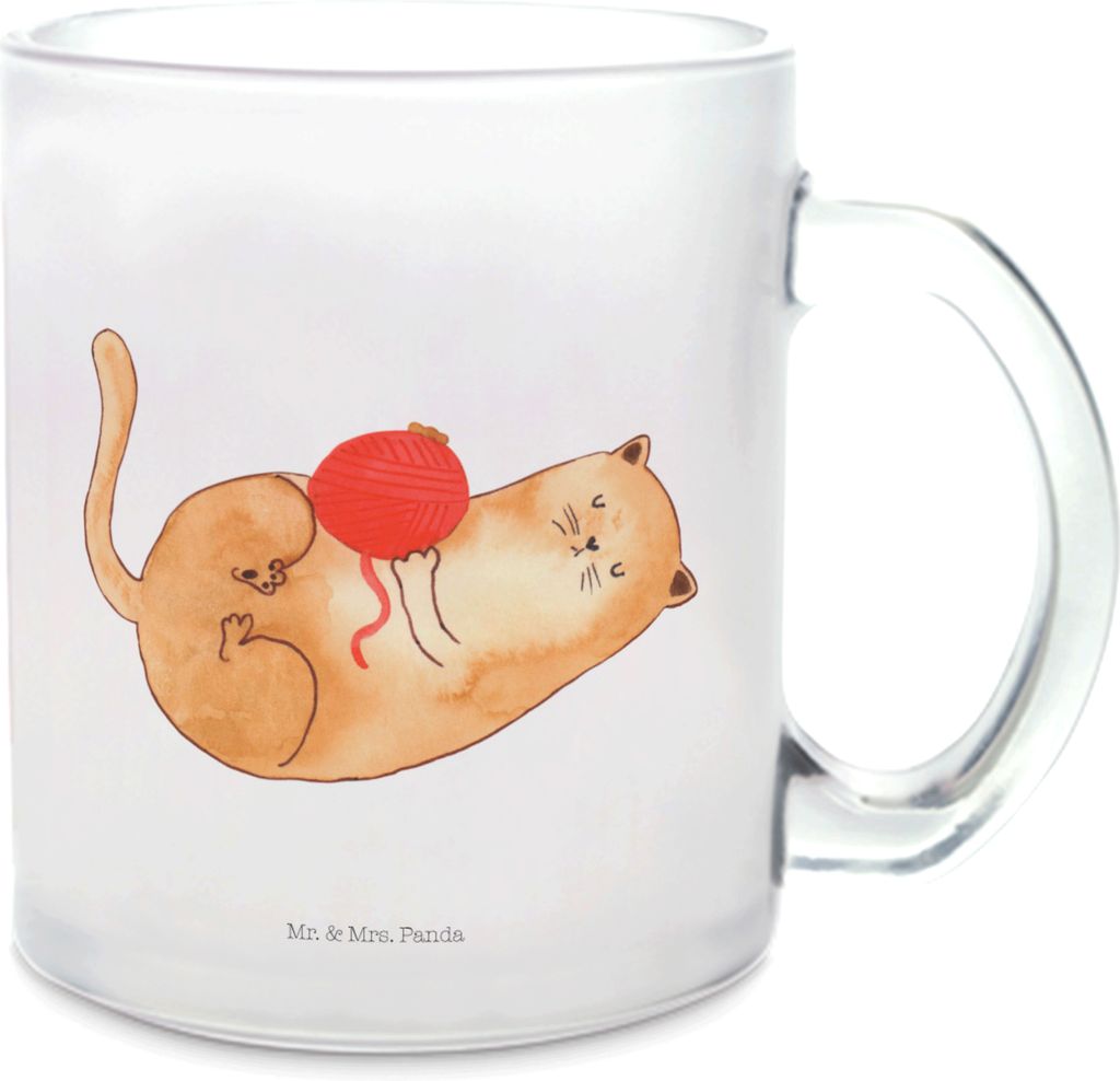 Mr. & Mrs. Panda Tee Tasse Katze Wolle - Transparent - Geschenk, Trinkglas, Teetasse, Haferl, Henkelbecher, Spielen, Pott, Putzig, Cats, Katzen