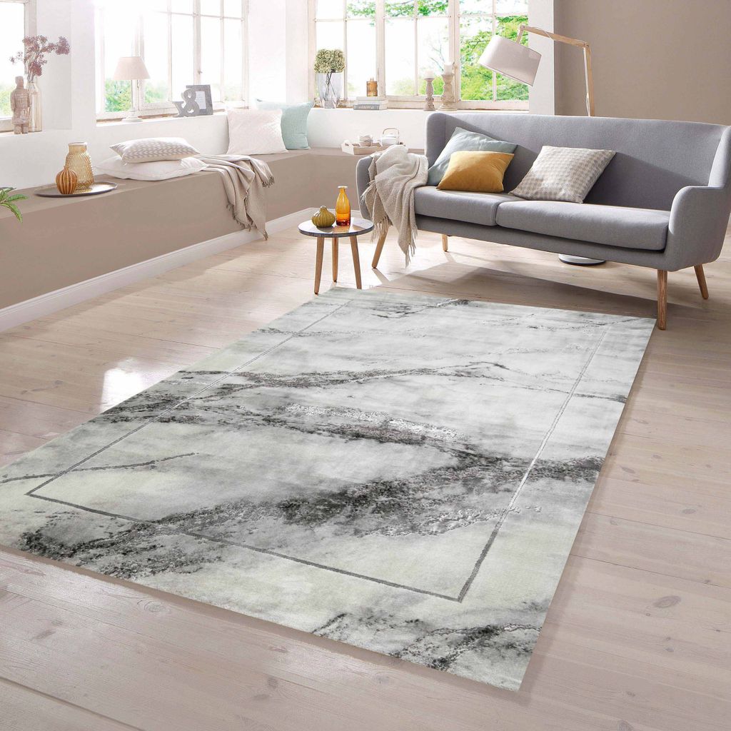 Wohnzimmerteppich modern Marmor Optik in grau Größe - 200 cm Rund