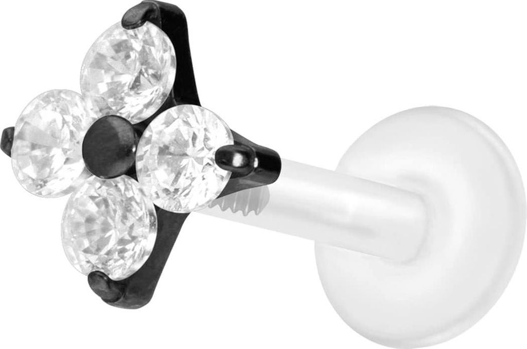 Ohrpiercing, Nasenpiercing PTFE Labret mit Innengewinde + Titan-Aufsatz KRISTALLBLUME Schwarz Stablänge: 10mm | Stabstärke: 1,2mm