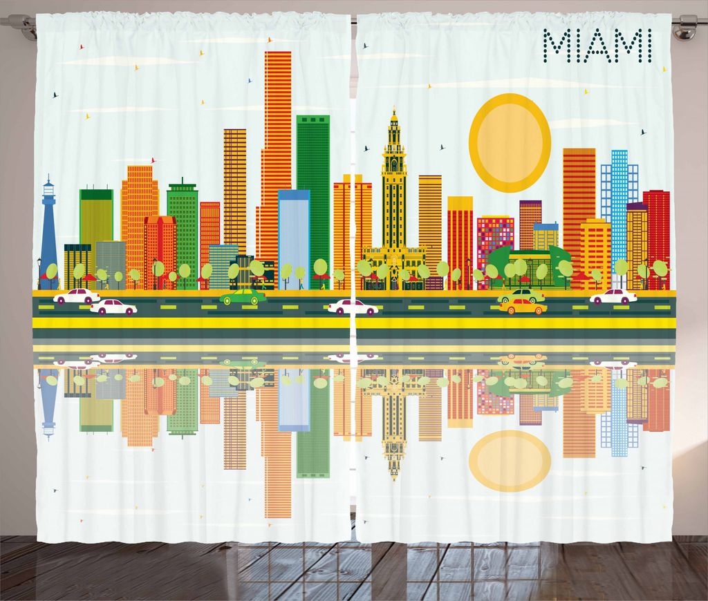 ABAKUHAUS Miami Rustikaler Vorhang, American City Skyline, Wohnzimmer Universalband Gardinen mit Schlaufen und Haken, 280 x 245 cm, Mehrfarbig