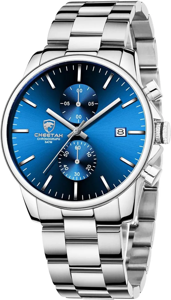 Elegante orologio da uomo in acciaio inossidabile con design argentato, cronografo al quarzo resistente all'acqua, elegante e resistente, ideale per tutti i giorni e per le occasioni speciali