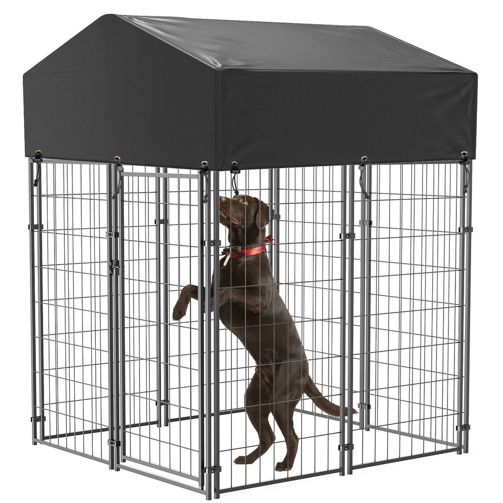 FATIVO Hundezwinger Outdoor & Indoor: Großer Metall Hundezaun mit Oxford-Dach, Hundekäfig Wetterfest, 127x120x165cm