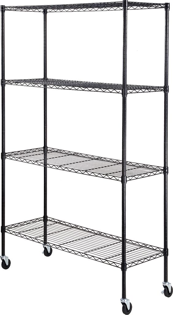 A black metal wire shelving unit with four shelves and wheels, shown against a white background.