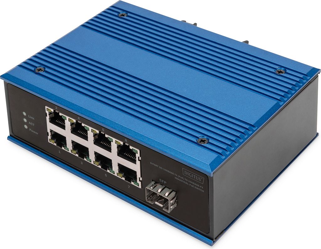 DIGITUS 8 Port Fast Ethernet Netzwerk PoE Switch, Industrial, Unmanaged, 1 SFP Uplink