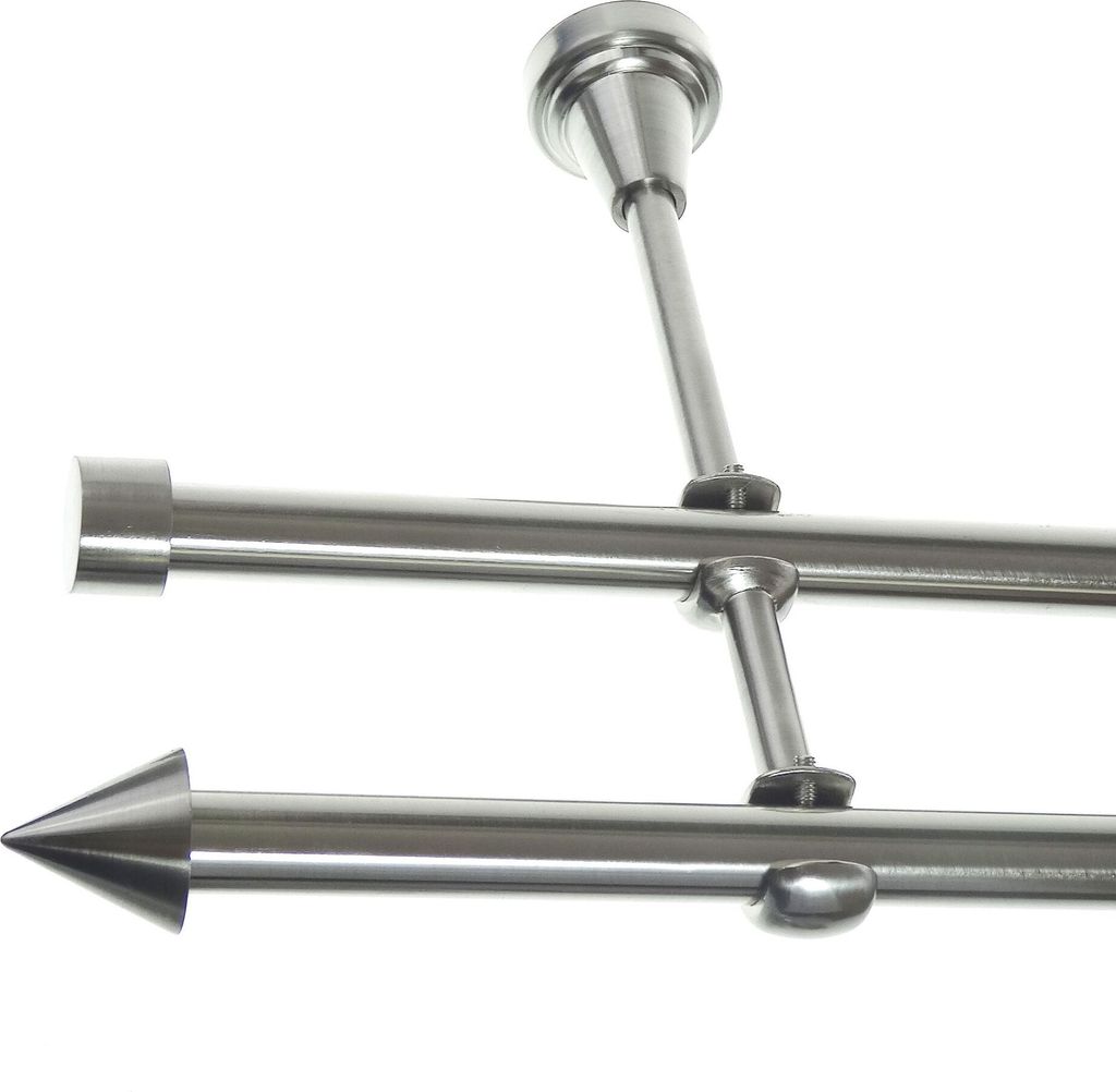 Gardinenstange Set Edelstahl Look Metall Ø 16mm zur Wandbefestigung 2-lauf Spitze, Länge wählbar H24 E29 E16
