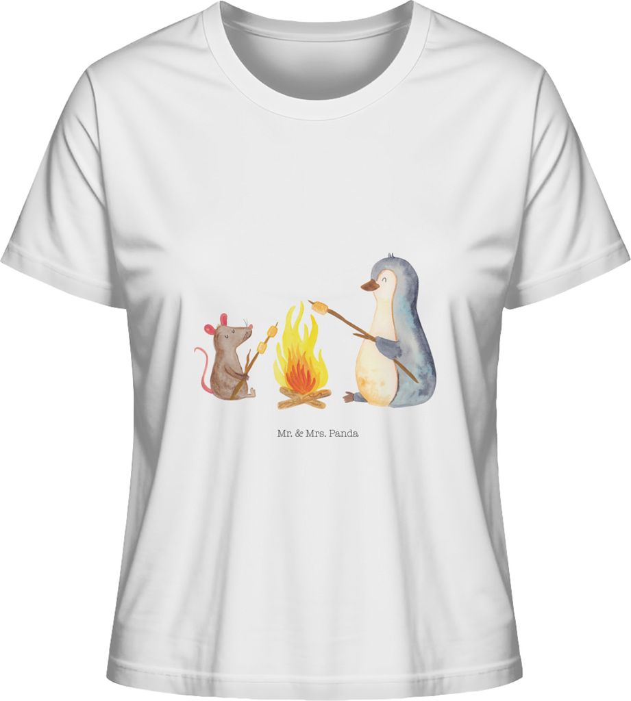 Mr. & Mrs. Panda Basic T-Shirt Damen Pinguin Lagerfeuer Größe M - Weiß - Geschenk, Oberteil, Marshmallows, Maus, Arbeit, Kurzarmshirt, Job, Baum...