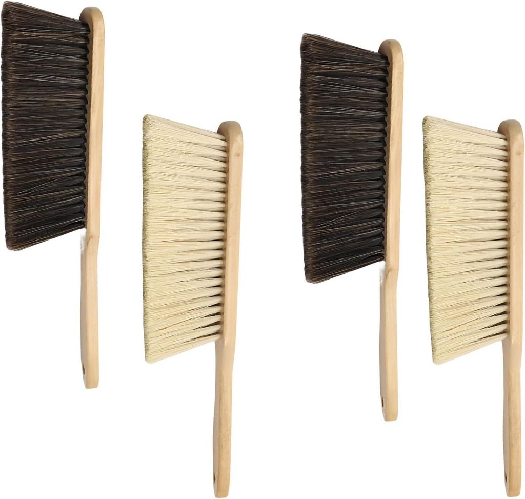 Handfeger und Handbesen aus Holz - Set von 4 - weicher Besen - Kunstborsten - Holzgriff - mit Aufhängeloch - grau und gelb