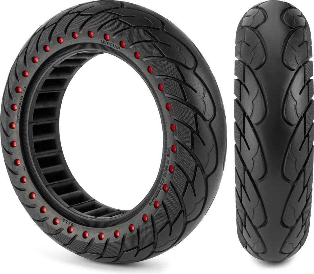 A black tire with red accents, shown from two angles.