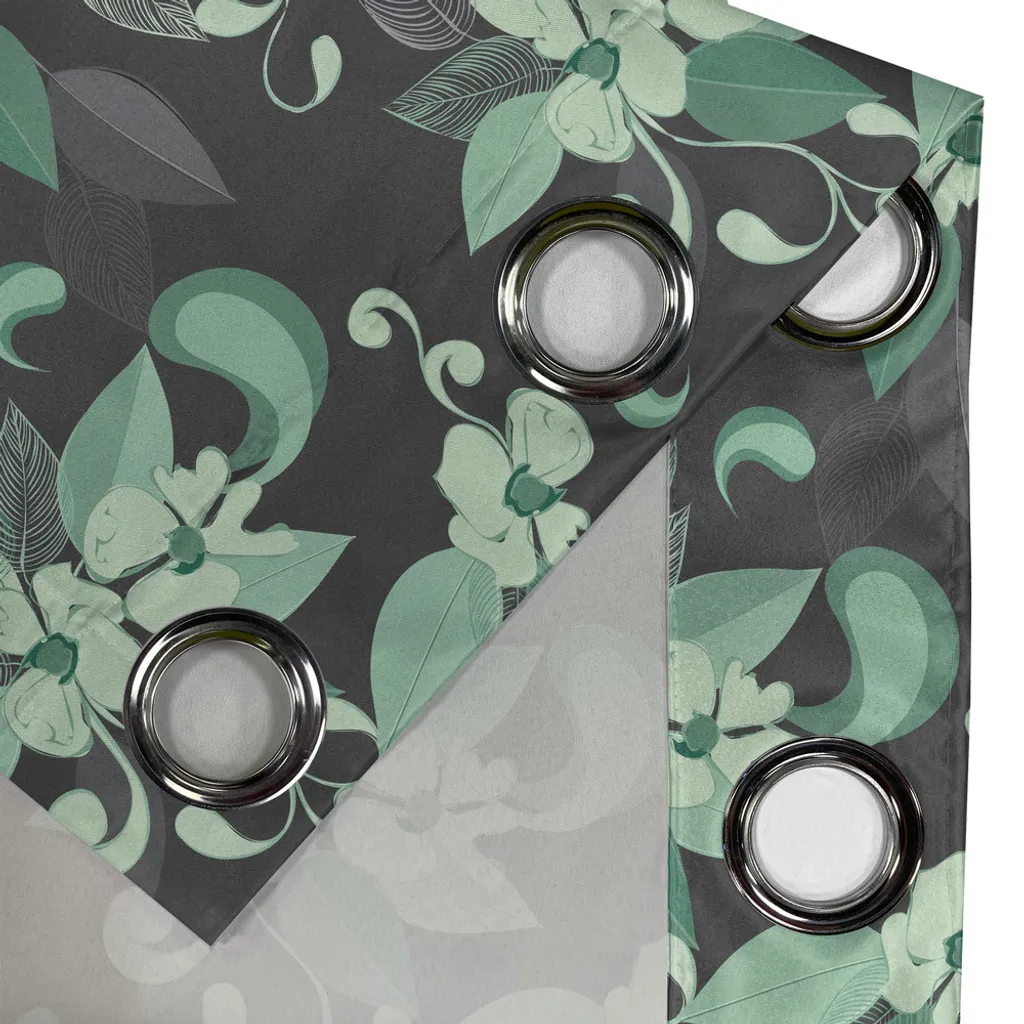 Rideau fleurs nostalgiques Gris Menthe Vert à œillets 2 Panneaux 280cm - 3