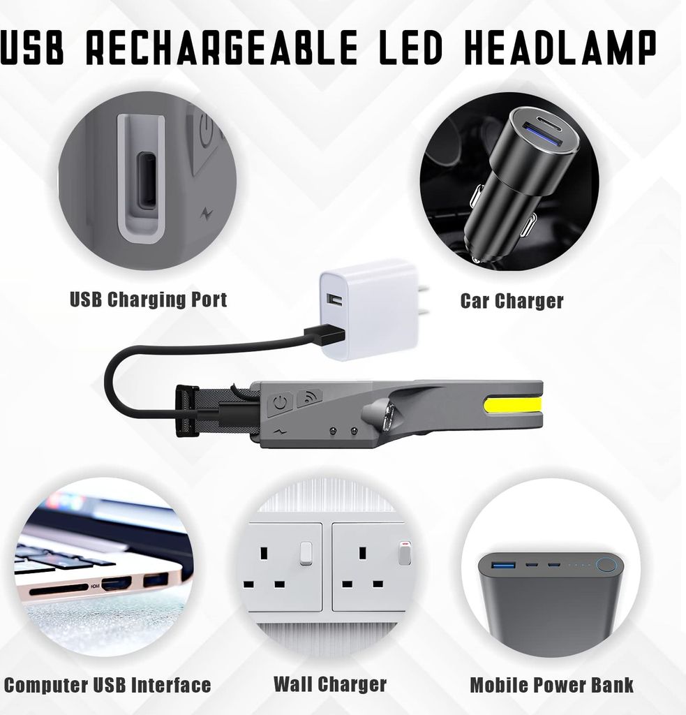 2 x LED Stirnlampe, Sensorscheinwerfer USB wiederaufladbar Kopflampe, IPX4 wasserdicht, Grün