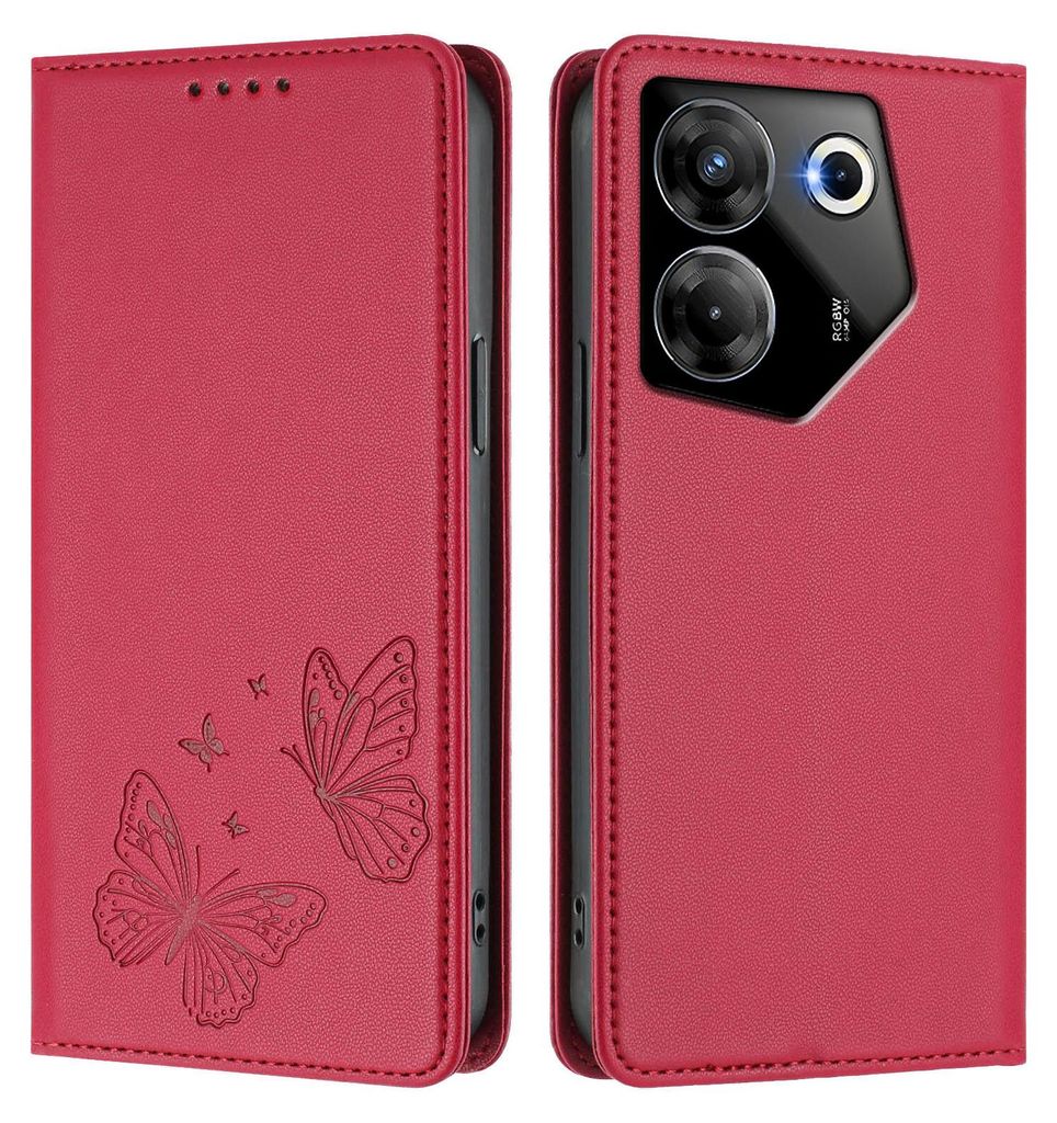 Lederhülle für Tecno Camon 20 Pro 5G, Schmetterling Prägung Leder Brieftasche Schutzhülle mit Ständer Rot