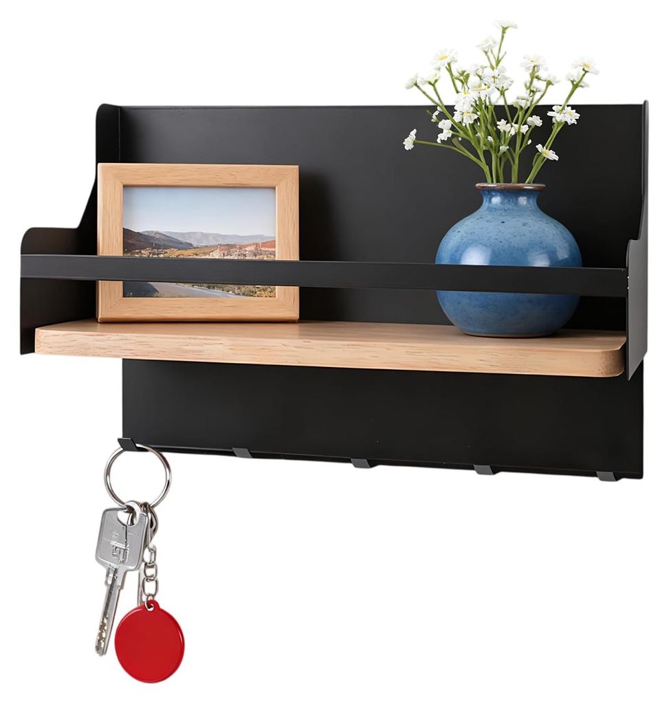 Schlüsselbrett mit Ablage, schwarz, Wandmontage, mit 5 Haken, Schlüsselschiene aus Metall und Holz, inklusive Schrauben, für Eingangsbereich, Fl...