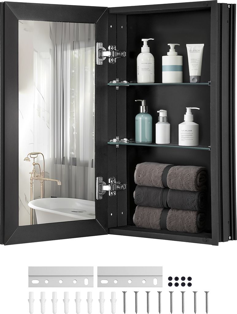 VEVOR Spiegelschrank, verspiegelter Medizinschrank, Medikamentenschrank (355 x 135 x 610 mm) für Badezimmer, Einbau- und Wandmontage, Aluminium