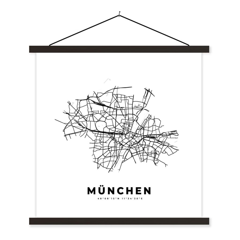 MuchoWow Textilposter Karte - Stadtplan - München - Deutschland - Schwarz-Weiß 60x60 cm mit schwarzem Rahmen - Posteraufhänger