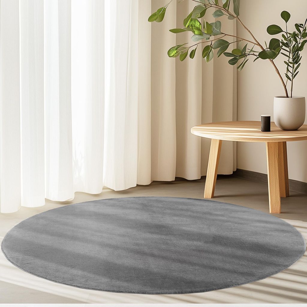 Homebyhome Kurzflor Teppich Einfarbig Waschbar, Weich & Rutschfest für Wohnzimmer & Schlafzimmer, Grösse 200 cm Rund