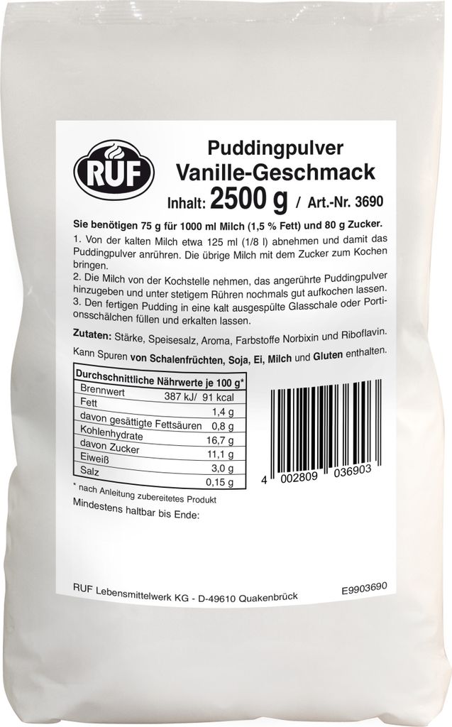 A bag of pudding powder with nutritional information and instructions.
