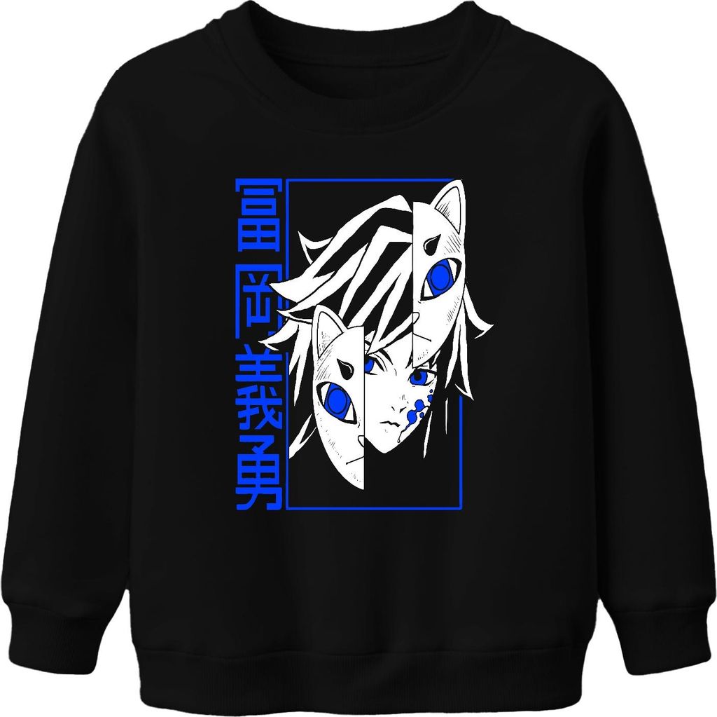 Kitsune Anime Halbgesicht Blauauge Japan Manga düster Geschenk Uni Kinder Sweatshirt Pullover, Schwarz, 104