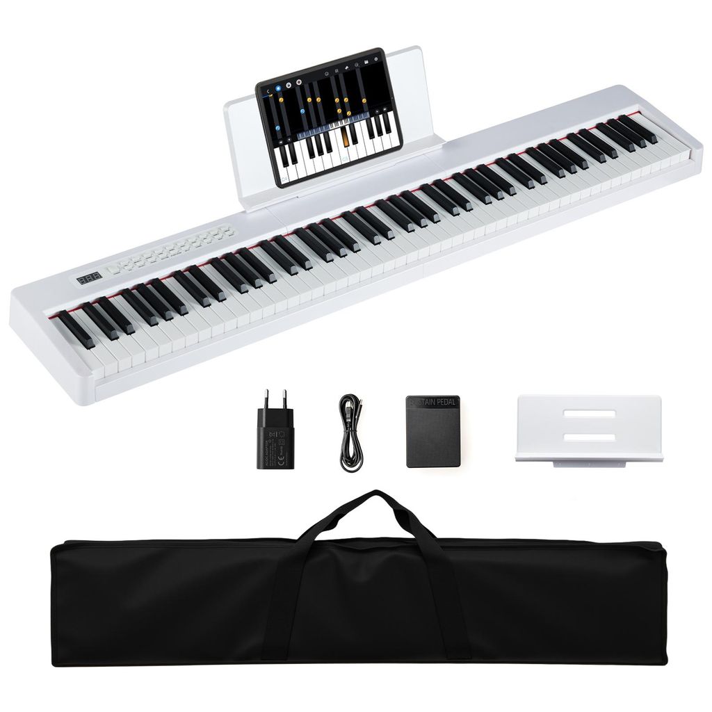 COSTWAY Keyboard Piano 88 Tasten, Digitales Klavier mit MIDI, Sustain Pedal, Musikständer & Tragetasche, E-Piano tragbar, Weiß