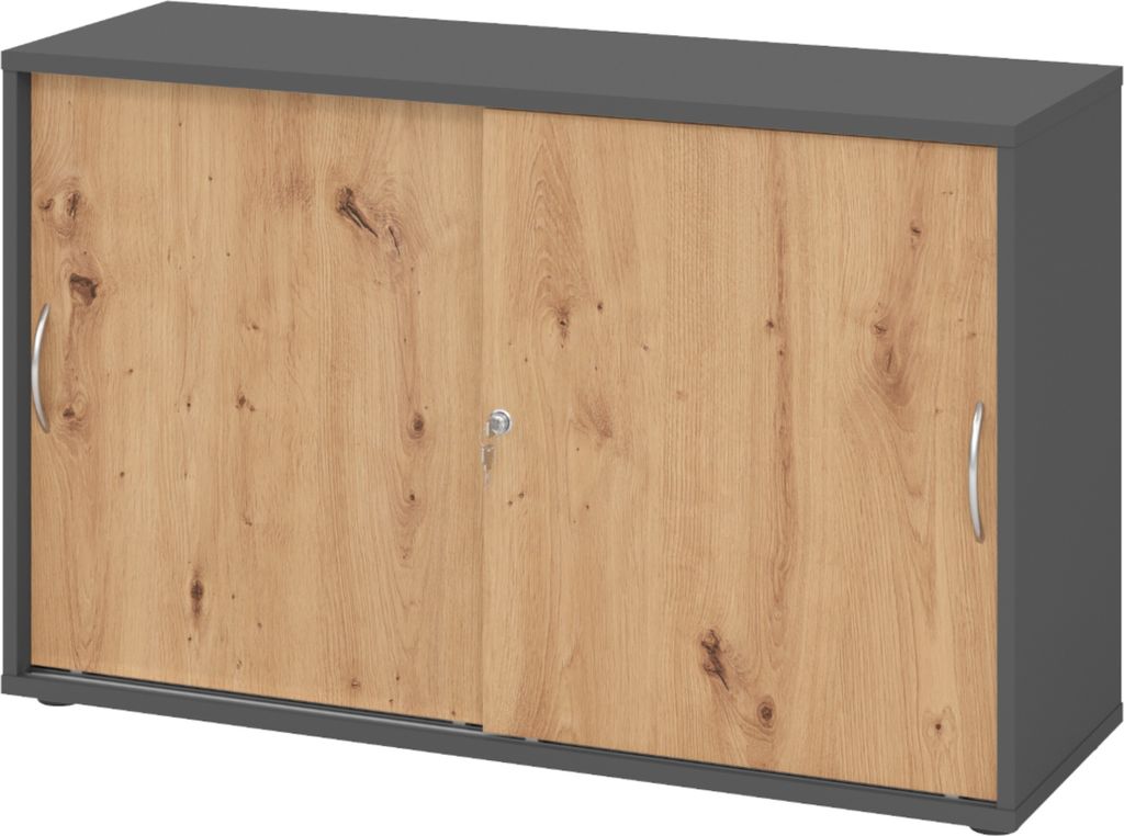 bümö Schiebetürenschrank office - 2 Ordnerhöhen - Nachbildung: Graphit/Asteiche, Griff: Bogengriff (Metall)
