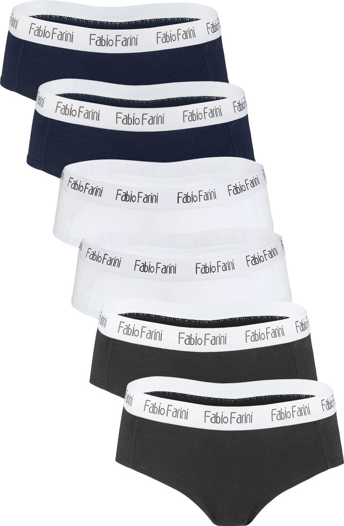 Fabio Farini - 6 Stück Damen Unterhosen - Frauen Hipster Panties aus elastischer Baumwolle im sportlich modernen Look mit Logo-Bund