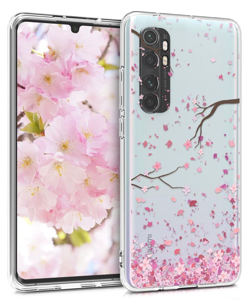 kwmobile Case kompatibel mit Xiaomi Mi Note 10 Lite - Hülle Silikon transparent Kirschblütenblätter Rosa Dunkelbraun Transparent
