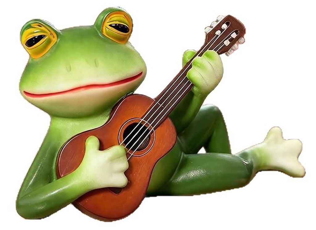 Gitarre spielender Frosch, Statue aus Kunstharz, liegender Frosch, Gartenfigur für Blumentöpfe, drinnen und draußen, Regal, Schreibtischdekoration