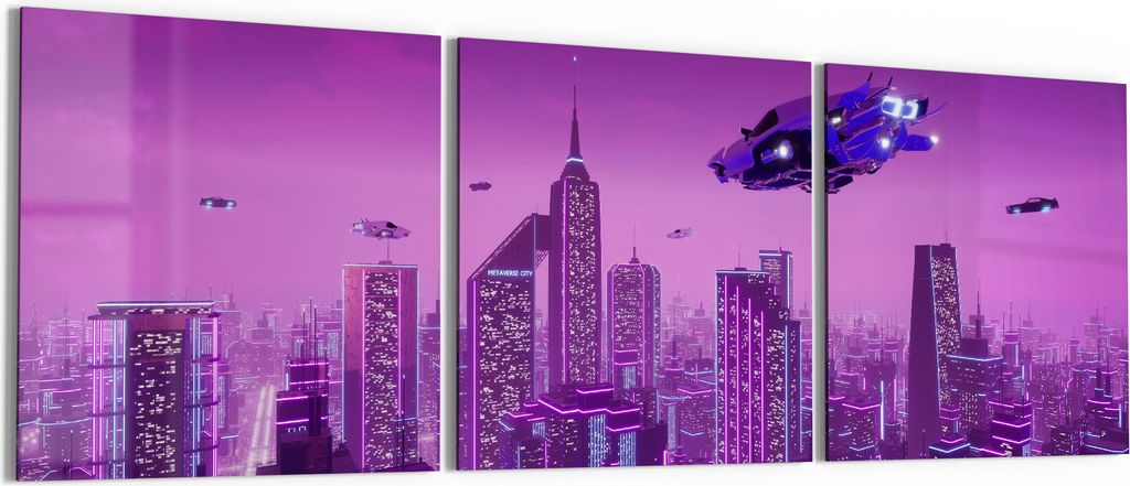 DEQORI Glasbild Echtglas 3x50x50 cm 'Futuristische Metropole' Wandbilder XXL groß