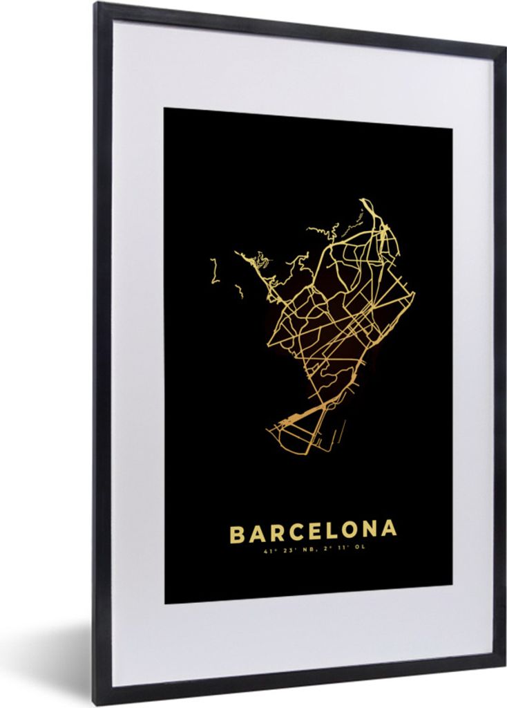 MuchoWow Gerahmtes Poster Stadtplan - Spanien - Schwarz - Gold 40x60 cm - Poster mit Schwarzem Bilderrahmen Wandposter Rahmen Foto Bilder - Poste...