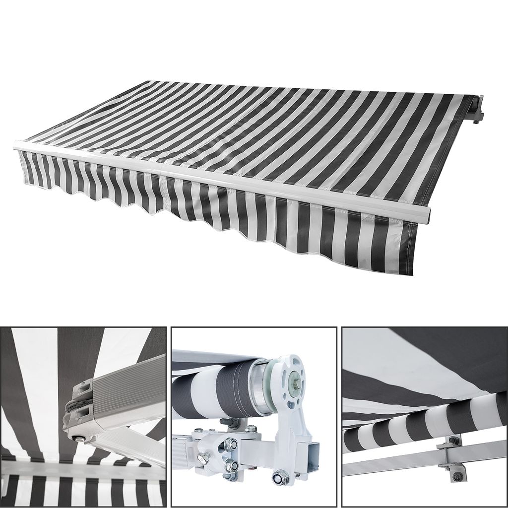 Jayseuw Gelenkarmmarkise 350x300cm Grau-Weiß gestreift Sonnenmarkise Terrassenmarkise für Wandmontage, Balkonmarkise mit Handkurbel Sonnenschutz ...