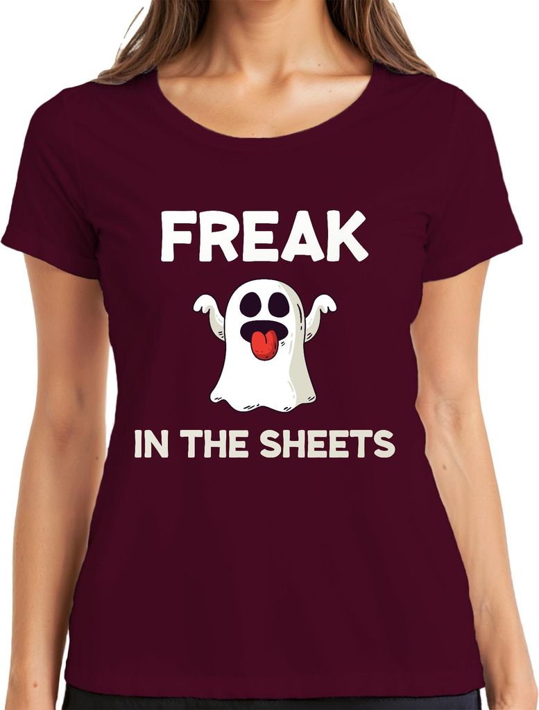 FREAK IN THE SHEETS Halloween Geist lustig Geschenk y Frech Damen T-Shirt, Burgundy, XXL